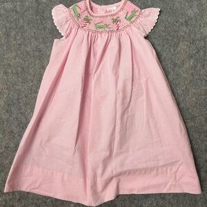 Pink gingham Girl 2 seersucker toddler girl smocked crocodiles palm trees Dress